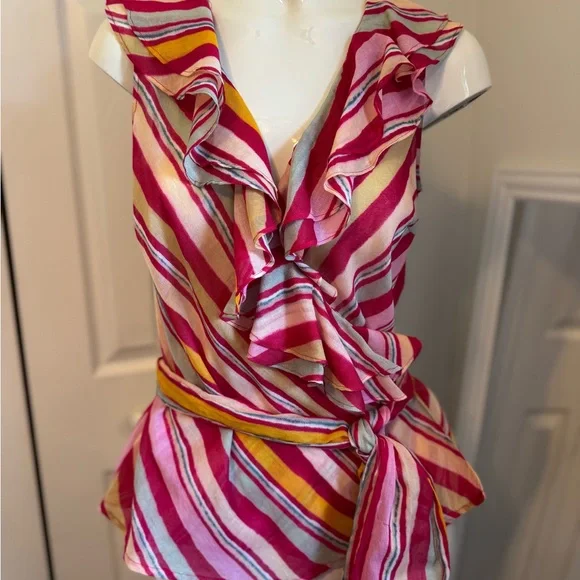 Lauren Ralph NWTS Multi Pink Sleeveless Ruffle Wrap Top Deep Vneck Size Small - Picture 2 of 12